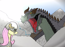 Size: 3957x2873 | Tagged: safe, artist:zeronitroman, character:fluttershy, species:dragon, species:pegasus, species:pony, g4, armor, dragonborn, female, helmet, high res, mare, mountain, open mouth, scales