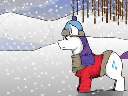 Size: 1600x1200 | Tagged: safe, artist:zeronitroman, character:rarity, species:pony, species:unicorn, g4, clothing, female, hat, mare, scarf, smiling, snow, solo, tail, tree, winter