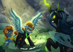 Size: 1280x915 | Tagged: safe, artist:ariamidnighters, character:lightning dust, character:queen chrysalis, character:spitfire, species:changeling, species:pegasus, species:pony, g4, crown, glowing horn, goggles, spread wings, trio, uniform, washouts uniform, wings, wonderbolts uniform