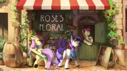 Size: 4096x2304 | Tagged: safe, artist:anticular, character:fluttershy, character:rarity, character:roseluck, species:earth pony, species:pegasus, species:pony, species:unicorn, g4, awning, bag, barrel, broom, discount, female, flower, flower shop, mailbox, mare, open sign, plants, saddle bag, shop, sign, smiling, trowel