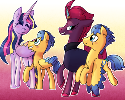 Size: 1500x1200 | Tagged: safe, artist:ch0c0butt, character:flash sentry, character:tempest shadow, character:twilight sparkle, character:twilight sparkle (alicorn), character:twilight sparkle (eqg), species:alicorn, species:eqg human, species:pegasus, species:pony, species:unicorn, ship:flashlight, ship:tempestsentry, episode:the last problem, g4, my little pony: friendship is magic, my little pony:equestria girls, alternate hairstyle, bedroom eyes, blushing, clothing, eye scar, eyes closed, feathered wings, female, flying, folded wings, grin, horn, looking at each other, male, princess twilight 2.0, prosthetic horn, prosthetics, raised hoof, raised leg, robe, scar, shipping, size difference, smiling, straight, tail