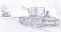 Size: 1250x650 | Tagged: safe, oc, oc only, oc:veronika, g4, kv-2, monochrome, pencil drawing, red army, stronk tenk, tank (vehicle), traditional art, world war ii