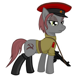 Size: 2000x2000 | Tagged: safe, oc, oc only, oc:veronika, species:earth pony, species:pony, g4, boots, clothing, communism, gun, hammer and sickle, hat, ppsh-41, rivalry, shirt, solo, submachinegun, weapon