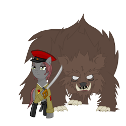 Size: 2000x2000 | Tagged: safe, artist:anonymous, oc, oc only, oc:veronika, species:earth pony, species:pony, g4, bear, boots, clothing, communism, hammer and sickle, hat, rivalry, shirt, solo, sword