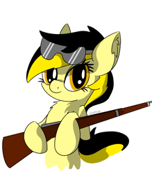 Size: 1007x1150 | Tagged: safe, artist:countryroads, oc, oc:leslie fair, species:earth pony, species:pony, g4, /mlpol/, cute, drawthread, female, glasses, gun, holding, looking at you, rifle, weapon