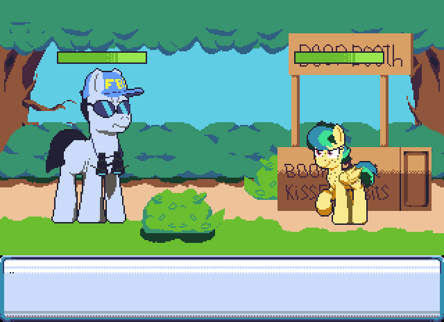 Size: 640x464 | Tagged: safe, artist:cammy, oc, oc only, oc:apogee, species:earth pony, species:pegasus, species:pony, g4, animated, apogees boop booth, fbi, female, filly, game, gif, kissing booth, male, pixel art, rpg battle, stallion, tax evasion