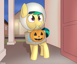 Size: 3000x2500 | Tagged: safe, artist:triplesevens, oc, oc only, oc:apogee, species:pegasus, species:pony, g4, clothing, costume, doorway, female, filly, halloween, holiday, night, pumpkin bucket, smiling, solo, trick or treat