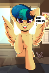 Size: 2000x3000 | Tagged: safe, artist:shadowreindeer, oc, oc only, oc:apogee, oc:houston, oc:mozzarella orgy, species:pegasus, species:pony, g4, calendar, cute, diageetes, dialogue, ear freckles, eye clipping through hair, female, filly, food, food pony, freckles, looking at you, ocbetes, open mouth, original species, pegasus oc, pizza, pizza pony, ponified, present, rat, shinodage's birthday, smiling, solo focus, speech bubble, teenager, weapons-grade cute