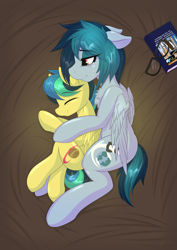 Size: 2893x4092 | Tagged: safe, artist:mirapony, oc, oc only, oc:apogee, oc:delta vee, species:pegasus, species:pony, g4, bed, body freckles, book, chest fluff, crying, cuddling, cute, diageetes, diaveetes, eye clipping through hair, female, filly, floppy ears, freckles, glasses, happy, mare, mother and daughter, on bed, smiling, spooning, tears of joy, wholesome