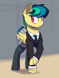 Size: 1299x1731 | Tagged: safe, artist:toanderic, oc, oc only, oc:apogee, species:pegasus, species:pony, g4, body freckles, clothing, colored sketch, cute, diageetes, ear fluff, freckles, looking at you, miniskirt, moe, necktie, ocbetes, pleated skirt, school, school uniform, schoolgirl, skirt, socks, solo, thigh highs, unshorn fetlocks