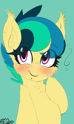 Size: 1350x2251 | Tagged: safe, artist:freefraq, oc, oc:apogee, species:pegasus, species:pony, g4, blue background, blushing, cute, female, filly, freckles, signature, simple background, smiling, solo