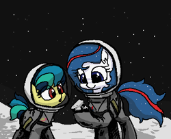 Size: 417x339 | Tagged: safe, artist:plunger, oc, oc:apogee, oc:nasapone, species:earth pony, species:pegasus, species:pony, /mlp/, g4, 4chan, :o, c:, cute, drawthread, duo, eye clipping through hair, moon, moon rock, ocbetes, open mouth, smiling, space, stars