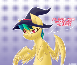 Size: 1600x1350 | Tagged: safe, artist:spirit-fire360, oc, oc only, oc:apogee, species:pegasus, species:pony, g4, clothing, halloween, hat, holiday, scrunchy face, solo, witch hat