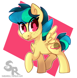 Size: 2010x2030 | Tagged: safe, artist:shibaroll, oc, oc only, oc:apogee, species:pegasus, species:pony, g4, abstract background, chest fluff, cute, cutie mark, eye clipping through hair, female, freckles, ocbetes, solo