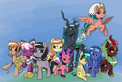 Size: 3145x2111 | Tagged: safe, artist:soulcentinel, character:cheerilee, character:cinder glow, character:octavia melody, character:princess luna, character:queen chrysalis, character:somnambula, character:summer flare, oc, oc:apogee, oc:cream heart, oc:dazzle dust, oc:thingpone, species:alicorn, species:changeling, species:earth pony, species:kirin, species:pegasus, species:pony, species:unicorn, g4, changeling queen, cheeribetes, cheerleader outfit, clothing, cute, cutealis, diageetes, female, filly, kirinbetes, lunabetes, mare, ocbetes, somnambetes, tavibetes, woona, younger