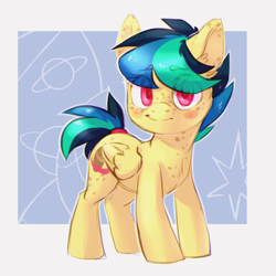 Size: 1000x1000 | Tagged: safe, artist:lightning-stars, oc, oc only, oc:apogee, species:pegasus, species:pony, g4, blushing, colored pupils, cute, cutie mark, eye clipping through hair, eyebrows, eyebrows visible through hair, female, filly, freckles, looking at you, ocbetes, smiling, solo
