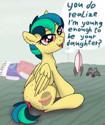 Size: 3800x4500 | Tagged: safe, artist:littlenaughtypony, oc, oc only, oc:apogee, species:pegasus, species:pony, g4, book, chest fluff, cute, dialogue, female, freckles, happy, looking at you, looking back, looking back at you, mare, ocbetes, open mouth, playcolt, rocket, sitting, smiling, solo, tail wrap, toy