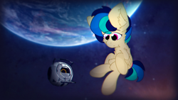 Size: 1920x1080 | Tagged: safe, artist:parabellumpony, oc, oc:apogee, species:pegasus, species:pony, g4, chest fluff, detailed background, ear fluff, floating in space, freckles, pegasus oc, personality core, portal (valve), portal 2, space, space core, stars, the cosmos, wallpaper, wings
