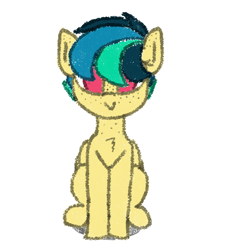Size: 1000x1100 | Tagged: safe, artist:lionheart, oc, oc only, oc:apogee, species:pegasus, species:pony, g4, :>, chest fluff, crayon effect, female, filly, freckles, looking at you, simple background, sitting, smiling, solo, white background