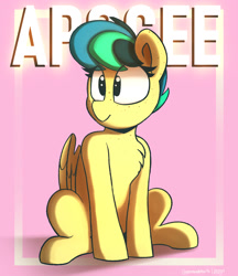 Size: 1904x2200 | Tagged: safe, artist:perezadotarts, oc, oc only, oc:apogee, species:pegasus, species:pony, g4, cute, digital art, drawing, female, freckles, pink background, shinodage's birthday, simple background, sitting, smiling, solo, text