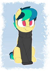 Size: 1347x1914 | Tagged: safe, artist:shinodage, oc, oc only, oc:apogee, species:pegasus, species:pony, g4, abstract background, clothing, cute, diageetes, eye clipping through hair, female, filly, freckles, long sleeves, no pupils, ocbetes, shinodage is trying to murder us, sitting, smiling, solo, sweater, turtleneck