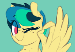 Size: 1188x823 | Tagged: safe, artist:shinodage, oc, oc only, oc:apogee, species:pegasus, species:pony, g4, female, filly, freckles, looking at you, ok hand sign, one eye closed, smiling, solo, teenager, wing hands, wink