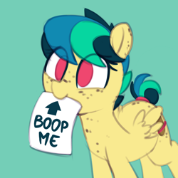 Size: 974x974 | Tagged: safe, artist:shinodage, oc, oc only, oc:apogee, species:pegasus, species:pony, g4, asking for it, body freckles, boop bait, bronybait, cute, diageetes, eye clipping through hair, female, filly, freckles, green background, mouth hold, no pupils, ocbetes, ponyo, sign, simple background, smiling, solo