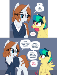 Size: 1892x2465 | Tagged: safe, artist:shinodage, oc, oc only, oc:apogee, oc:diamond gavel, species:pegasus, species:pony, species:unicorn, g4, brush, clothing, comic, cute, diageetes, dialogue, eye clipping through hair, female, filly, freckles, glasses, heck, looking at each other, mare, mouth hold, ocbetes, open mouth, speech bubble, suit
