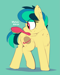 Size: 659x831 | Tagged: safe, artist:shinodage, oc, oc only, oc:apogee, species:pegasus, species:pony, g4, body freckles, brush, brushie, brushie brushie, cute, diageetes, ear freckles, eye clipping through hair, female, filly, freckles, mouth hold, ocbetes, simple background, solo, teal background