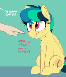 Size: 1286x1505 | Tagged: safe, artist:shinodage, oc, oc only, oc:apogee, species:pegasus, species:pony, g4, chest fluff, cute, diageetes, dialogue, disembodied hand, eye clipping through hair, eyelashes, female, filly, freckles, hand, horse noises, imminent bite, imminent boop, language barrier, neigh, ocbetes, offscreen character, offscreen human, pointing, simple background, smiling, this will end in pain