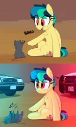Size: 1084x1818 | Tagged: safe, artist:shinodage, oc, oc:apogee, oc:houston, species:pegasus, species:pony, g4, 2 panel comic, bang, car, chest fluff, comic, crown victoria, dialogue, disproportionate retribution, dodge (car), dodge charger, eye clipping through hair, female, filly, finger gun, ford, freckles, mouse, on back, onomatopoeia, open mouth, playing dead, police, police car, rat, sitting, texas, this will end in jail time