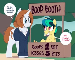 Size: 1334x1061 | Tagged: safe, artist:shinodage, oc, oc only, oc:apogee, oc:diamond gavel, species:pegasus, species:pony, species:unicorn, g4, apogees boop booth, boop, boop booth, cute, diageetes, dialogue, duo, eye clipping through hair, female, filly, forgery, freckles, kissing booth, mare, ocbetes, seems legit, speech bubble, this will end in jail time