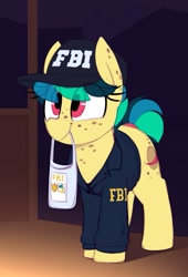 Size: 961x1411 | Tagged: safe, artist:shinodage, oc, oc only, oc:apogee, species:pegasus, species:pony, g4, bag, body freckles, cap, clothing, costume, cute, diageetes, ear freckles, eye clipping through hair, fbi, fbi agent, female, filly, freckles, halloween, halloween costume, hat, holiday, jacket, mouth hold, ocbetes, short hair, short tail, solo, teenager, trick or treat