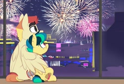 Size: 1493x1019 | Tagged: safe, artist:shinodage, oc, oc only, oc:apogee, oc:jet stream, species:pegasus, species:pony, g4, body freckles, cute, ear freckles, father and daughter, female, filly, fireworks, freckles, hug, male, sitting, stallion, teenager, winghug, wings
