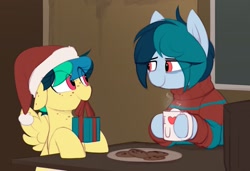 Size: 1493x1019 | Tagged: safe, artist:shinodage, oc, oc only, oc:apogee, oc:delta vee, species:pegasus, species:pony, episode:hearth's warming eve, g4, my little pony: friendship is magic, chocolate, christmas, clothing, coffee, cookie, cup, cute, diageetes, diaveetes, duo, duo female, eye clipping through hair, female, floppy ears, food, freckles, hat, holiday, hooves on the table, hot chocolate, i <3 u, looking at each other, mare, mother and daughter, mouth hold, ocbetes, plate, present, santa hat, smiling, spread wings, wings