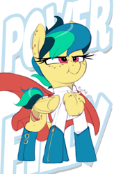Size: 649x989 | Tagged: safe, artist:shinodage, oc, oc only, oc:apogee, species:pegasus, species:pony, g4, boob window, cape, chest fluff, clothing, cute, diageetes, female, filly, freckles, ocbetes, onomatopoeia, pomf, power girl, puffed chest, solo