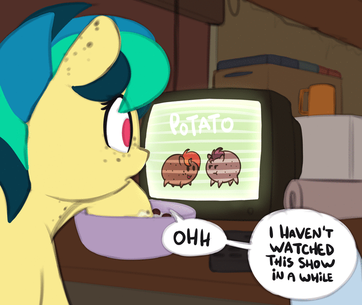 Size: 720x606 | Tagged: safe, artist:shinodage, oc, oc only, oc:apogee, species:pegasus, species:pony, g4, animated, bowl, cereal, delta vee's junkyard, ear freckles, female, food, freckles, gif, milk, potato pony, television, watching tv