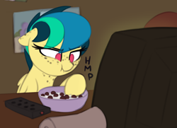 Size: 1280x925 | Tagged: safe, artist:shinodage, oc, oc only, oc:apogee, species:pony, g4, bowl, cereal, delta vee's junkyard, ear freckles, female, floppy ears, food, freckles, grumpy, paper towels, remote, scrunchy face, single panel, television
