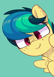 Size: 792x1131 | Tagged: safe, artist:shinodage, oc, oc only, oc:apogee, species:pegasus, species:pony, g4, boop bait, bust, cute, female, filly, freckles, happy, looking at you, ocbetes, portrait, smiling, solo