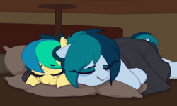 Size: 1544x932 | Tagged: safe, artist:shinodage, oc, oc only, oc:apogee, oc:delta vee, species:pony, g4, bed, cute, delta vee's junkyard, eyes closed, female, floppy ears, freckles, mare, mother and daughter, sleeping, smiling, wholesome