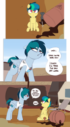 Size: 3233x5871 | Tagged: safe, artist:shinodage, oc, oc only, oc:apogee, oc:delta vee, oc:houston, species:pegasus, species:pony, g4, comic, delta vee's junkyard, dialogue, duo, female, filly, junkyard, mare, mother and daughter, mouse, oil barrel, sitting, speech bubble