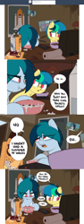 Size: 1971x5231 | Tagged: safe, artist:shinodage, oc, oc only, oc:apogee, oc:delta vee, species:pegasus, species:pony, g4, ash, ashtray, boop o' roops, bowl, box, cereal, cigarette, clothing, comic, delta vee's junkyard, desk lamp, dialogue, duo, ear freckles, eating, female, filly, food, freckles, graduation, graduation cap, hat, mare, milk, mother and daughter, no pupils, onomatopoeia, paper towels, poster, remote, shirt, speech bubble, television