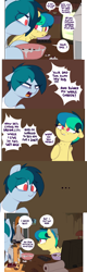 Size: 1865x5796 | Tagged: safe, artist:shinodage, oc, oc only, oc:apogee, oc:delta vee, species:pegasus, species:pony, g4, ..., angry, ashtray, bags under eyes, boop o' roops, bowl, cereal, cigarette, clothing, comic, delta vee's junkyard, dialogue, duo, ear freckles, female, floppy ears, food, freckles, milk, no pupils, paper towels, poster, remote, scared, shirt, television, vulgar
