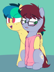Size: 1176x1562 | Tagged: safe, artist:shinodage, oc, oc only, oc:apogee, oc:daisy cutter, species:earth pony, species:pegasus, species:pony, g4, blushing, clothing, cute, duo, female, filly, freckles, glasses, hoodie, hoof on shoulder, ocbetes, sitting