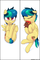Size: 1280x1905 | Tagged: safe, artist:shinodage, oc, oc only, oc:apogee, species:pegasus, species:pony, g4, body pillow, body pillow design, covering, cute, eyes closed, female, filly, freckles, hnnng, looking at you, ocbetes, plushie, potato pony, shinodage is trying to murder us, sleeping, smiling, solo, underhoof, weapons-grade cute