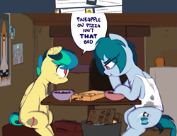 Size: 1769x1362 | Tagged: safe, artist:shinodage, oc, oc only, oc:apogee, oc:delta vee, species:pegasus, species:pony, g4, ask, blatant lies, boop o' roops, cereal, clothing, cutie mark, delta vee's junkyard, dialogue, duo, eating, female, filly, food, freckles, mare, mother and daughter, pineapple, pineapple pizza, pizza, poster, sitting, speech bubble, table, tumblr, unamused