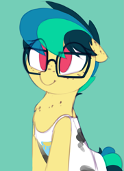 Size: 911x1260 | Tagged: safe, artist:shinodage, oc, oc only, oc:apogee, species:pegasus, species:pony, g4, chest fluff, clothing, cute, cuteness overload, diageetes, eye clipping through hair, female, filly, floppy ears, freckles, glasses, hnnng, no pupils, ocbetes, shinodage is trying to murder us, solo, tank top, weapons-grade cute