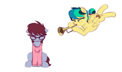 Size: 2683x1587 | Tagged: safe, artist:shinodage, oc, oc only, oc:apogee, oc:daisy cutter, species:earth pony, species:pegasus, species:pony, g4, clothing, cutie mark, doot, duo, eyes closed, female, filly, freckles, glasses, hoodie, musical instrument, ponified, ponified meme, trumpet, trumpet boy