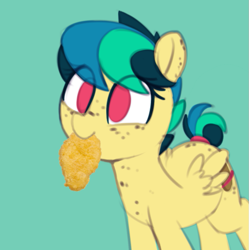 Size: 747x749 | Tagged: safe, artist:shinodage, edit, oc, oc only, oc:apogee, species:pegasus, species:pony, g4, aponugget, chicken nugget, female, filly, food, freckles, solo