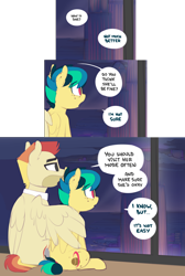 Size: 1964x2919 | Tagged: safe, artist:shinodage, oc, oc only, oc:apogee, oc:jet stream, species:pegasus, species:pony, g4, comic, cutie mark, delta vee's junkyard, dialogue, duo, father and daughter, female, filly, freckles, hug, male, sitting, speech bubble, stallion, window, winghug